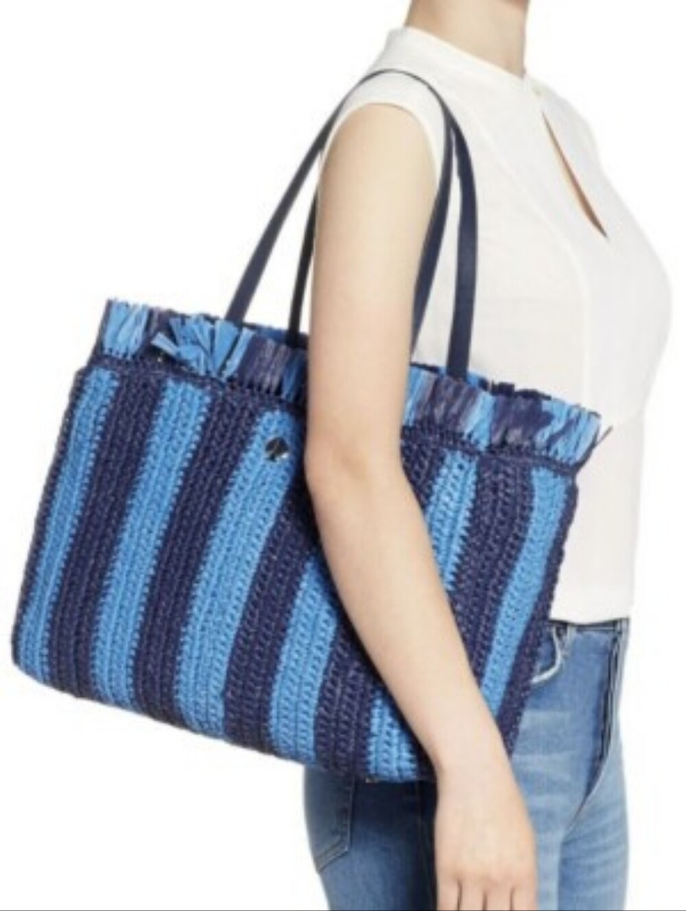 ✨️Kate Spade New York Sam Stripe Straw Tote Blue Fringe Bag - Picture 2 of 6